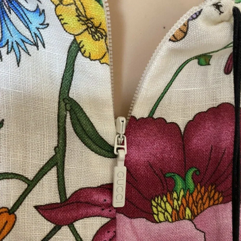 Authentic Gucci Ivory Grosgrain-trimmed paneled asymmetric floral Kaftan Dress